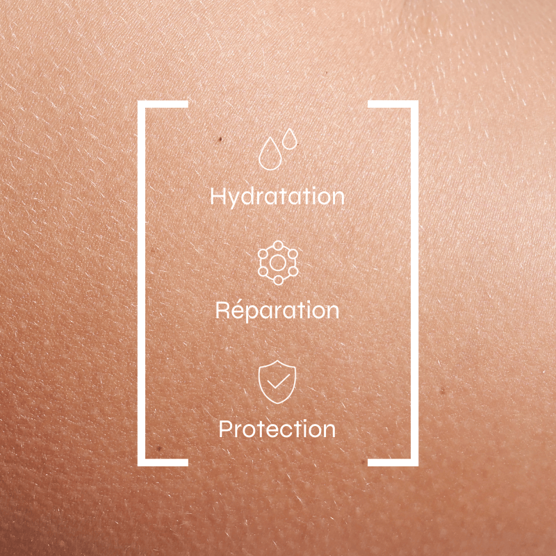 Gros plan sur une peau lisse avec superposition de texte en français : « Hydratation » avec une icône en forme de goutte d'eau, « Réparation Peau » avec une icône en forme de molécule et « Protection » mettant en vedette le puissant sérum aux propriétés CBD symbolisé par une icône en forme de bouclier, le tout encadré par des crochets blancs.