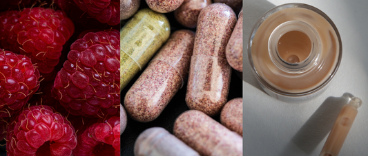 Triptych image illustrating antioxidant ingredients: raspberries on the left, various capsules in the center and an open cosmetics bottle with applicator on the right.