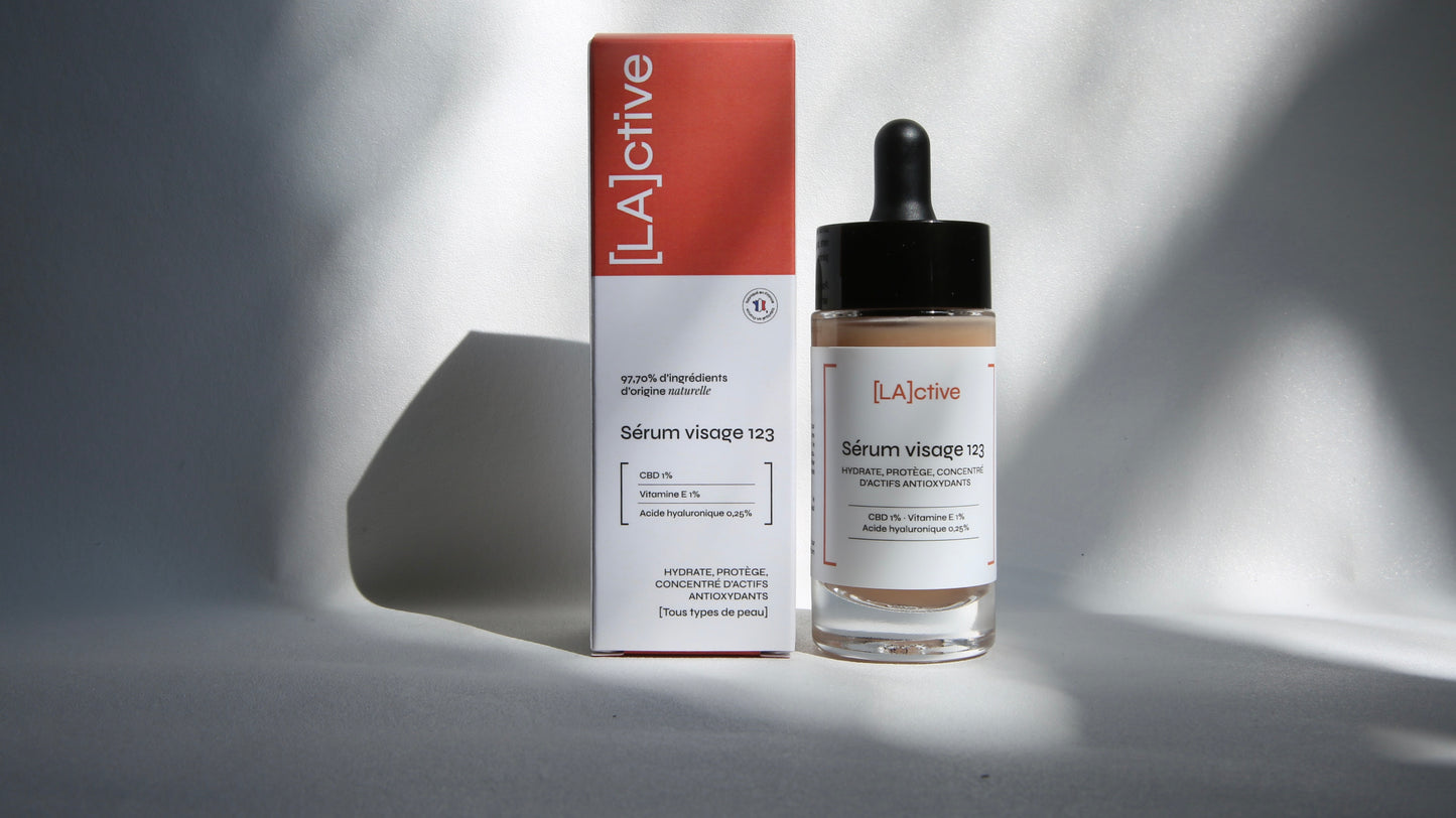 A presentation of [LA]ctive Serum Visage 123. The serum bottle, fitted with a dropper, is placed next to its box under a subdued light. The box and bottle share a matching white and terra cotta design, listing ingredients such as CBD, vitamin E, and hyaluronic acid.